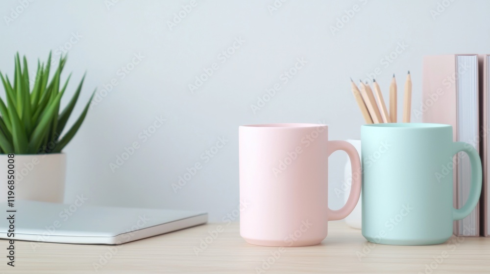 Two cups on a desk with a green plant in the background Two cups on a desk with a green plant in the background