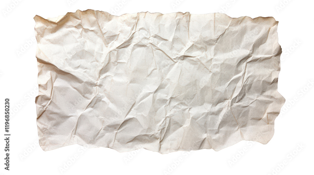 Crumpled sheet of paper texture isolated on transparency background, showcasing unique folds and creases. Perfect for design projects