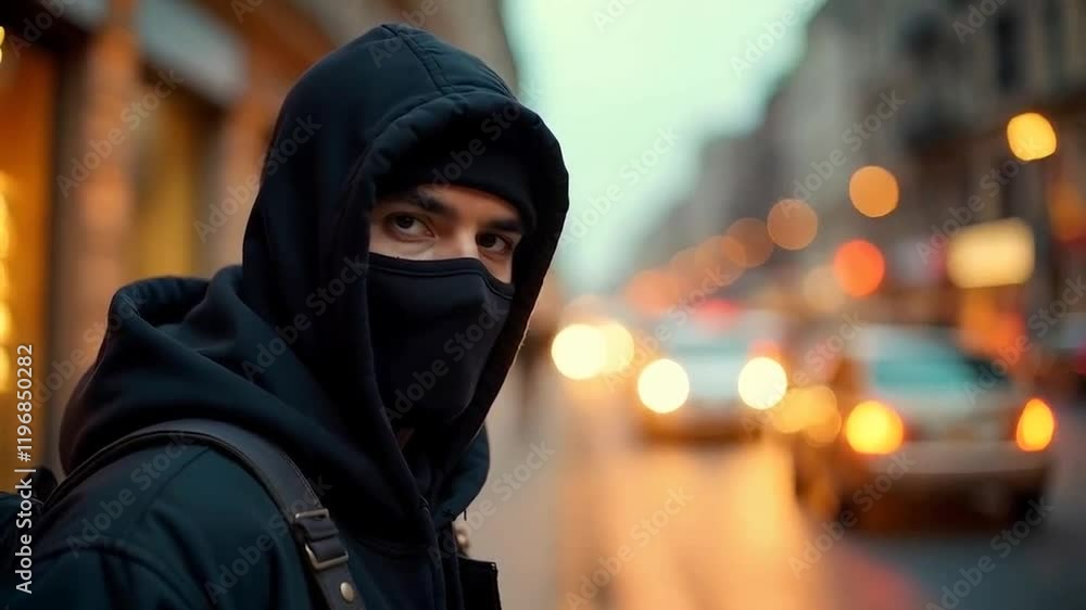 Man in a black face mask and hoodie, with urban streetwear details, standing in front of a busy street with blurred cars passing by Man in a black face mask and hoodie, with urban streetwear details, standing in front of a busy street with blurred cars passing by