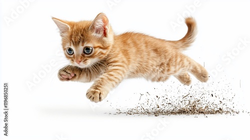 Wallpaper Mural Playful ginger kitten leaps, kicking up dust, isolated on white. Torontodigital.ca