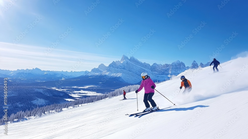 Skiers Enjoying Bright Sunny Day on Snowy Mountain Slopes with Majestic Peaks in the Background