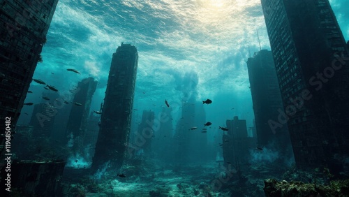 City submerged underwater, with skyscrapers above the waves. Fish swim among ruins, and sunlight filters through, creating a hauntingly beautiful vision of nature reclaiming urban spaces photo