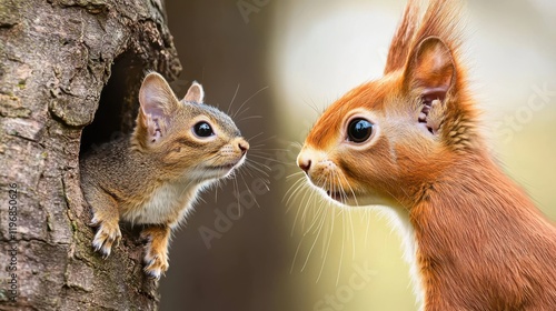 Squirrel rescues cat from tree woodland adventure animal rescue nature scene eye-level perspective whimsical tale photo