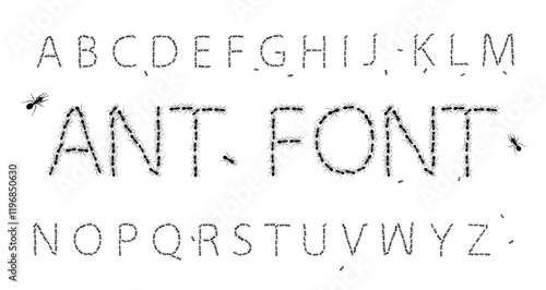 Ant font. Realistic black ant on white background. Path and ants. Vector.