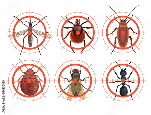Stop insects sign. Mosquito, tick, cockroach in  red sights, vector