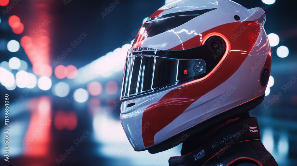 Fototapeta premium Race car driver prepares for a night race with vibrant city lights in the background