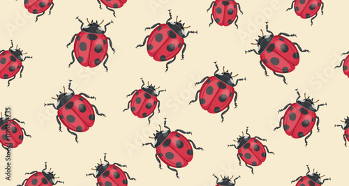Seamless pattern of ladybug pattern. Realistic ladybug on beige background. Vector.