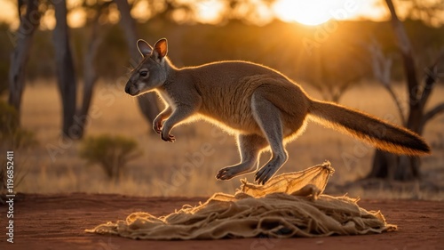 A kangaroo leaping over a soft surface during sunset in a natural landscape. photo