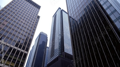 Wallpaper Mural Precise architectural color photography of Toronto's Financial District skyscrapers during a soft rain. The image will highlight reflective surfaces, sharp lines  Torontodigital.ca