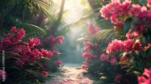 Fototapeta Naklejka Na Ścianę i Meble -  Path through the beautiful tropical rainforest with palms and flowers