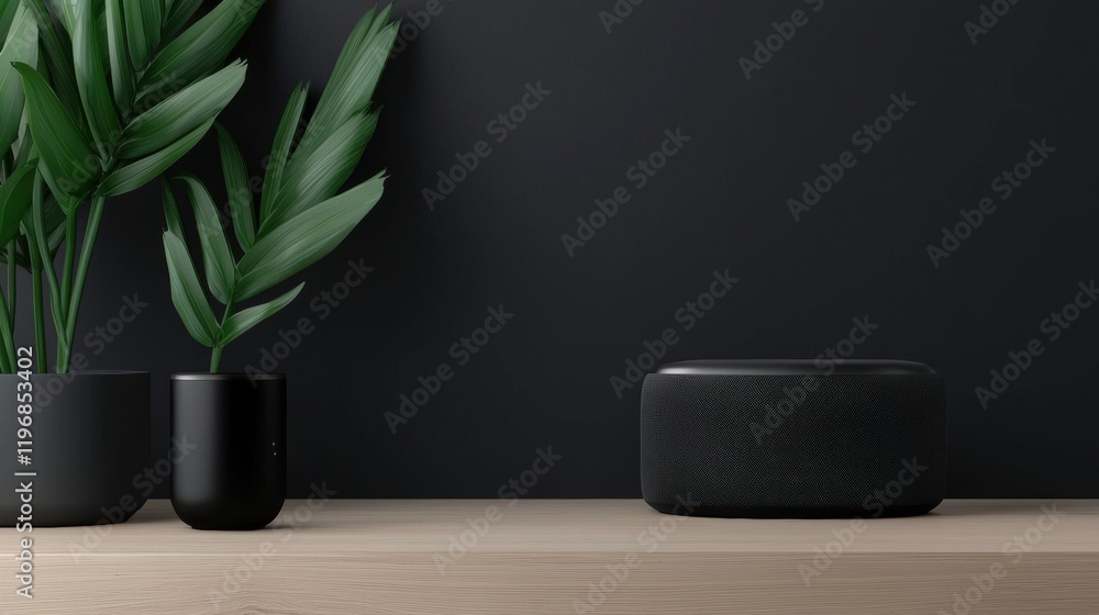 A black speaker sits on a wooden shelf next to a potted plant A black speaker sits on a wooden shelf next to a potted plant