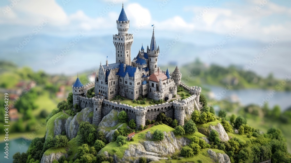 Majestic Fairy Tale Castle on a Hill Surrounded by Lush Greenery Majestic Fairy Tale Castle on a Hill Surrounded by Lush Greenery