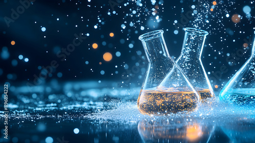 Two laboratory flasks are surrounded by sparkling droplets, capturing a scientific and dynamic atmosphere with vibrant blue lighting