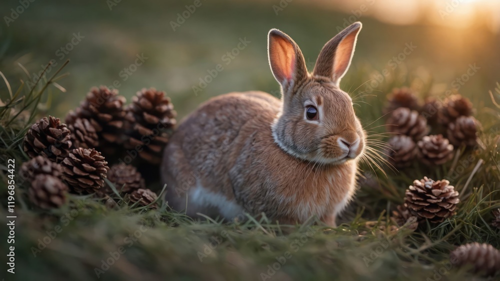 Fototapeta premium A rabbit sits among pinecones in a grassy field during golden hour.
