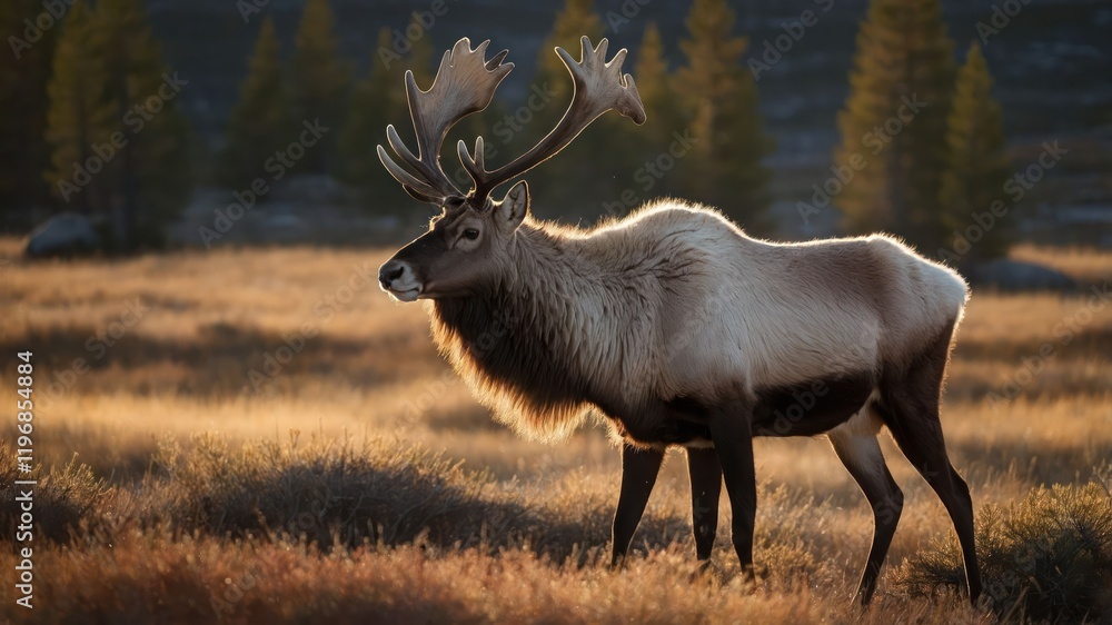 A majestic deer stands in a sunlit meadow, surrounded by trees and golden grass. A majestic deer stands in a sunlit meadow, surrounded by trees and golden grass.