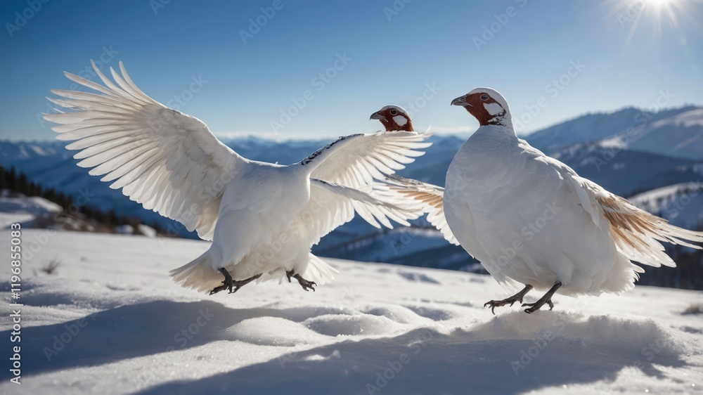 Two white birds with spread wings in a snowy mountainous landscape under a bright sun.