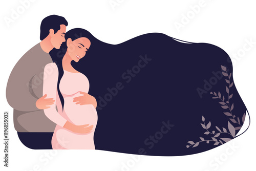 Vector image of pregnant girl with her husband. Concept of pregnancy and family with a child. Element for design