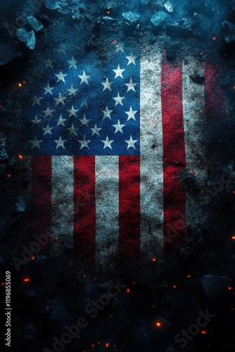 American Flag Distressed With Fire on Dark Texture