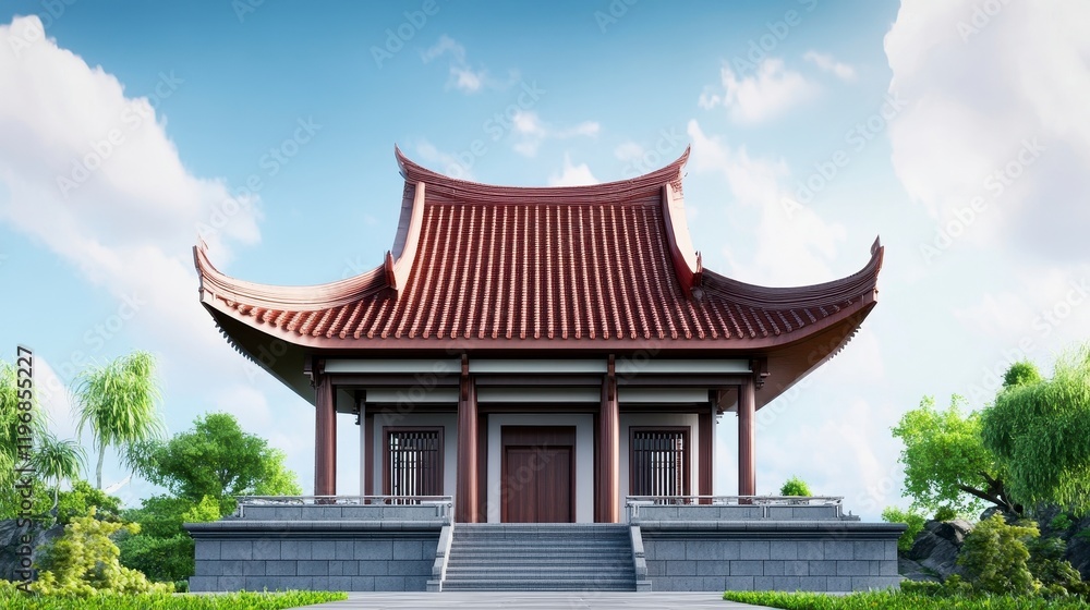 Traditional Asian Architecture with Red Roof and Blue Sky Background Traditional Asian Architecture with Red Roof and Blue Sky Background