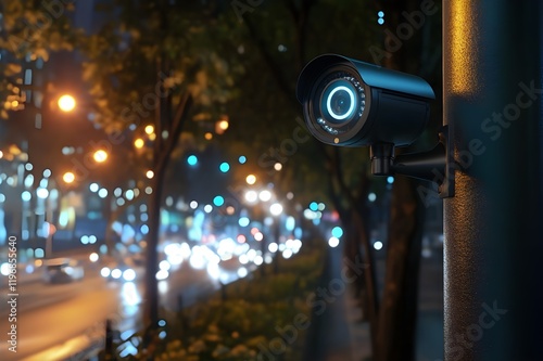 Realistic wall mounted CCTV camera on the street, sleek modern design with metal finish, surrounded by subtle lighting, capturing a high-tech and safe atmosphere