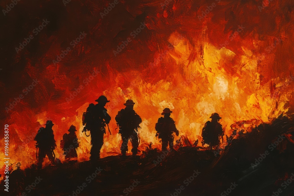 Fototapeta premium Silhouetted Firefighters Against Fiery Background