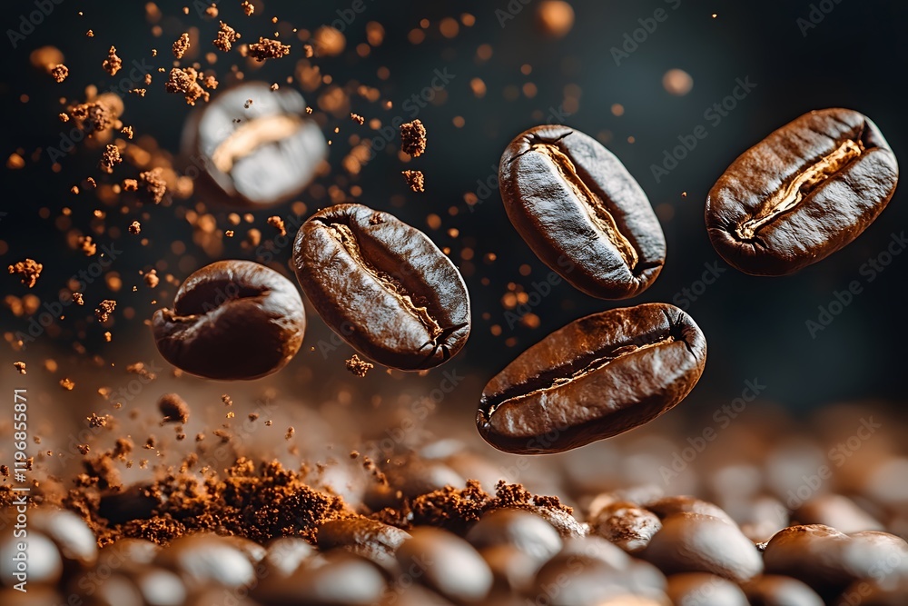 Dynamic Coffee Beans and Ground Coffee Explosion for Beverage Art Design Dynamic Coffee Beans and Ground Coffee Explosion for Beverage Art Design