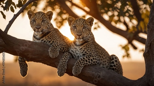 Two leopards lounging on a tree branch during sunset, showcasing their beauty and habitat. photo