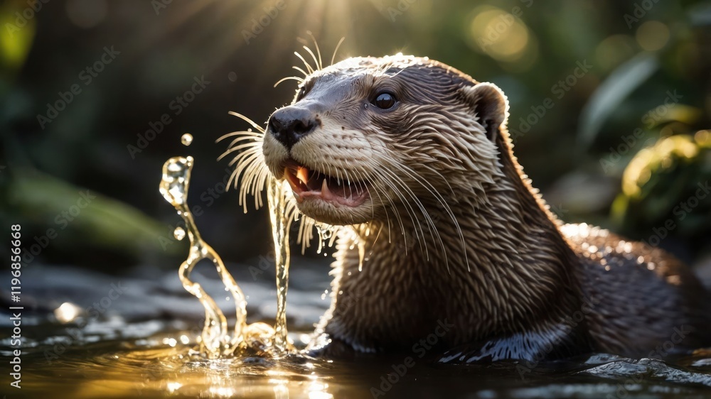 A close-up of an otter emerging from water, droplets glistening in sunlight. A close-up of an otter emerging from water, droplets glistening in sunlight.