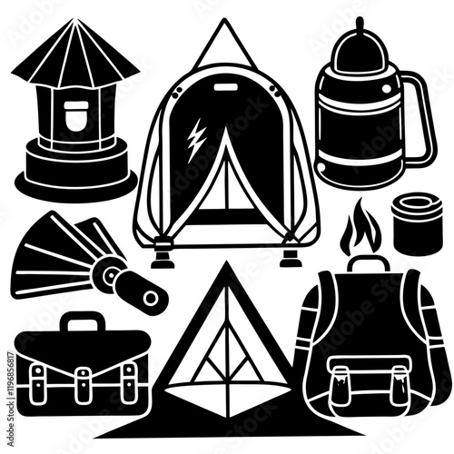 Silhouette Vector Icons of Camping Gear and Outdoor Essentials