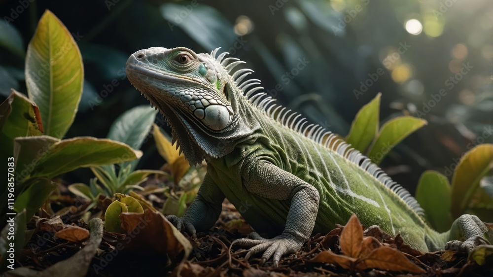 Fototapeta premium A close-up of a green lizard among lush foliage, showcasing its vibrant colors and textures.