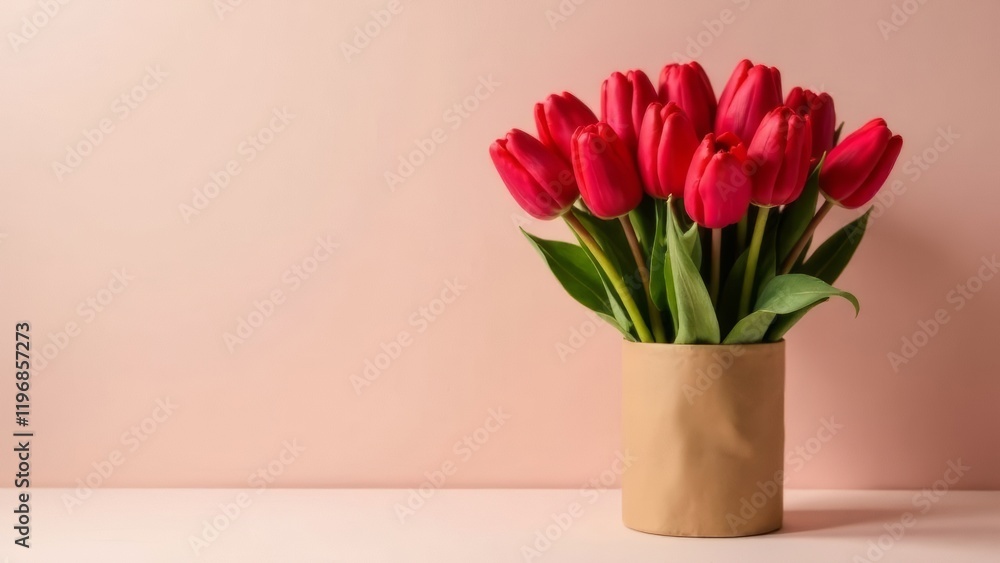 Red tulips are in a brown round box. space for text Red tulips are in a brown round box. space for text