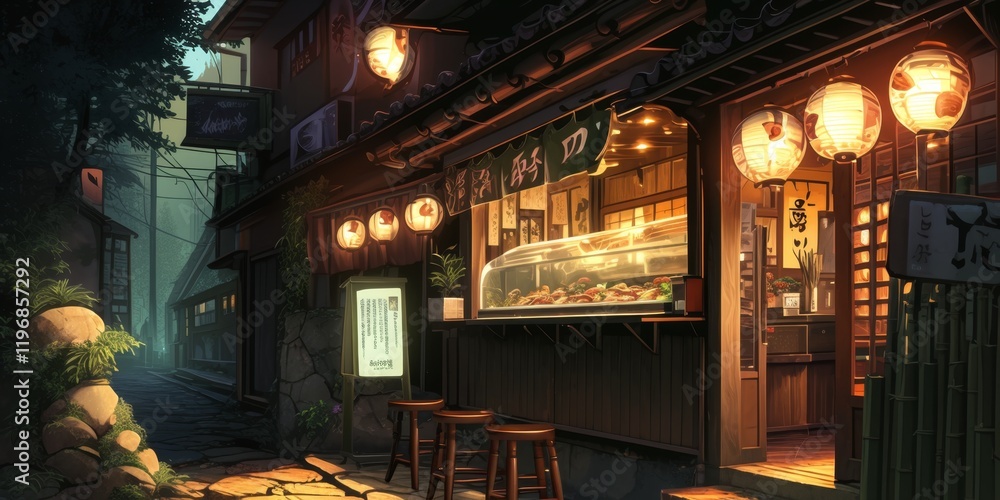 Obraz premium Enchanted Japanese Restaurant Alley at Night . Anime style