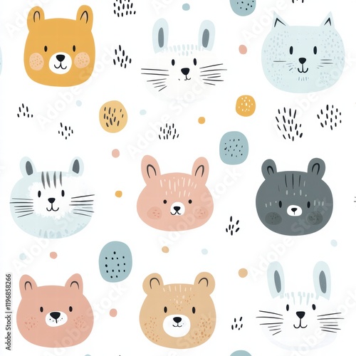 Cute animal faces pattern featuring playful designs in pastel colors and cheerful expressions for kids room decor. Generative AI
