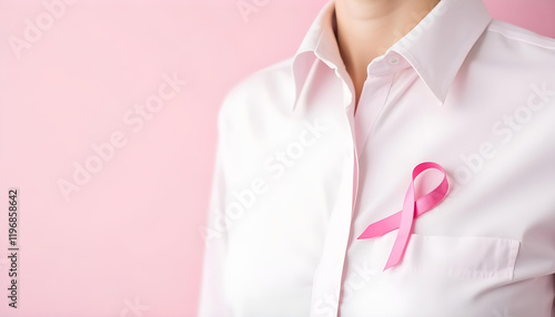 Lazo rosa prendido en una camiseta blanca, con un fondo rosa suave. Imagen símbolo del cáncer de mama
