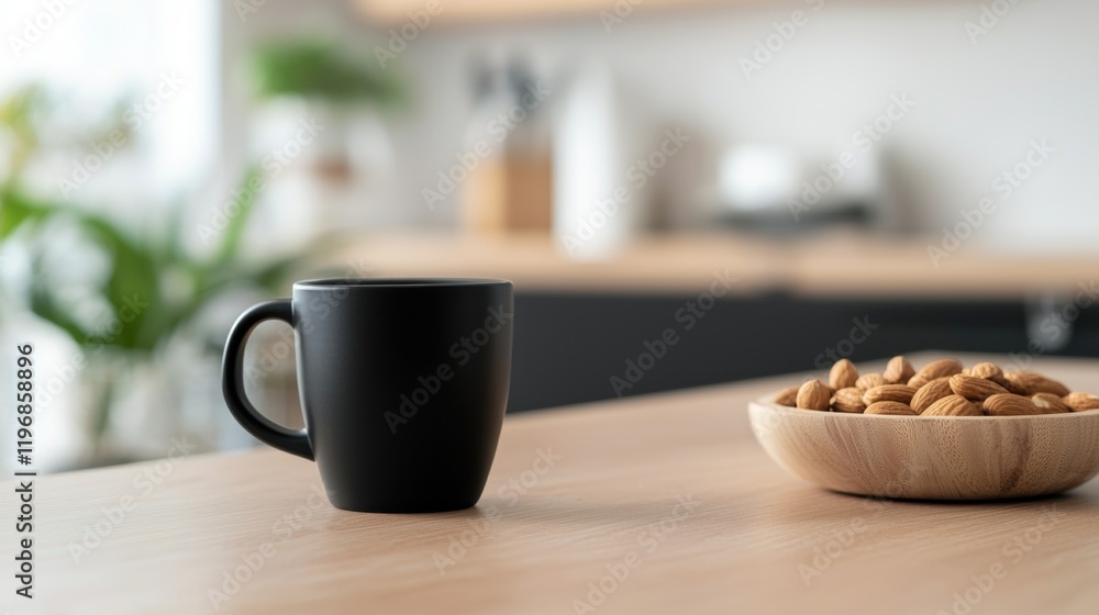 Fototapeta premium A black coffee mug sits on a wooden table next to a bowl of almonds