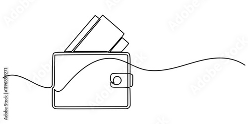One continuous line. Wallet with banknotes. Money in a leather wallet. Flat minimal icon. One continuous line on a white background, Wallet glyph line icon. Thin line icon that can be applied anywhere