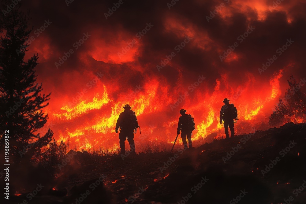 Fototapeta premium Firefighters Silhouetted Against Fiery Wildfire Landscape