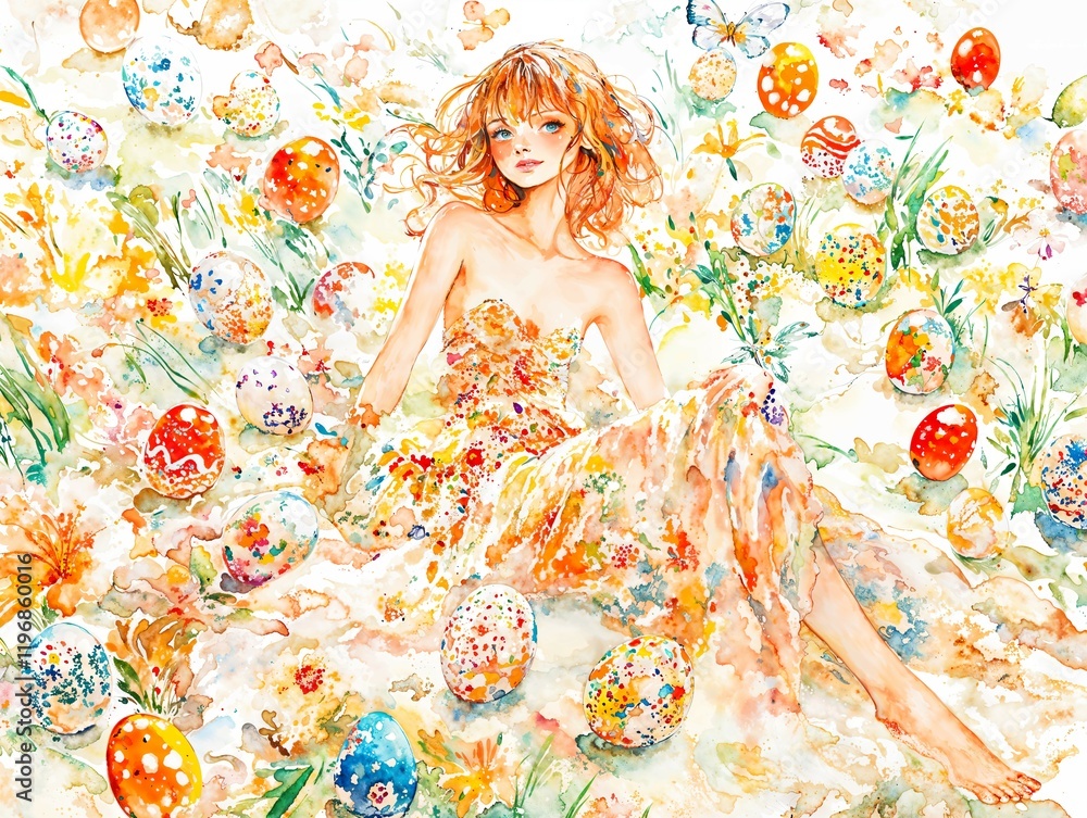 Colorful spring celebration with a young woman surrounded by decorated Easter eggs and flowers Colorful spring celebration with a young woman surrounded by decorated Easter eggs and flowers