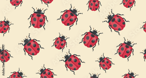 Seamless pattern of ladybug pattern. Realistic ladybug on beige background. Vector.