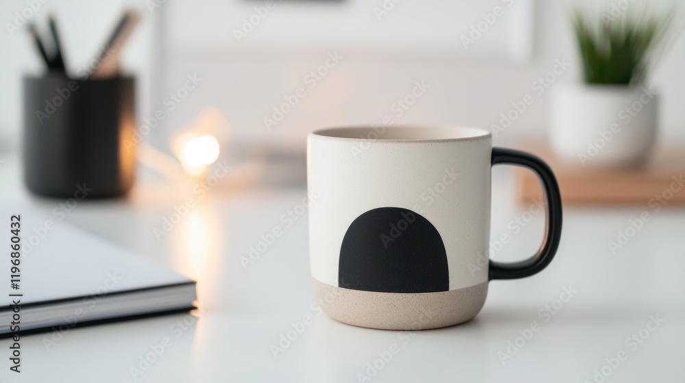 A white and black coffee mug with a black handle sits on a table next to a stack A white and black coffee mug with a black handle sits on a table next to a stack