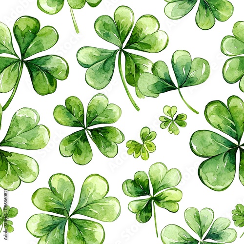 A seamless pattern of watercolor shamrock leaves in soft green hues on a white background