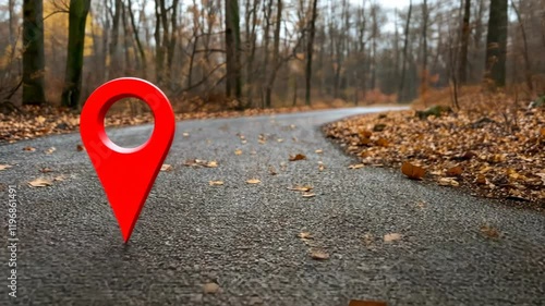 Wallpaper Mural A vibrant red location marker stands prominently on a winding road, surrounded by fallen leaves in a tranquil autumn forest Torontodigital.ca