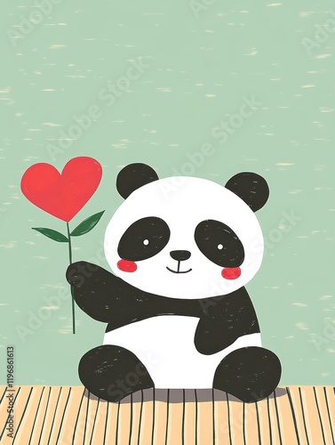 Cute panda holding a heart shaped flower on bamboo floor for Valentine or romantic design photo