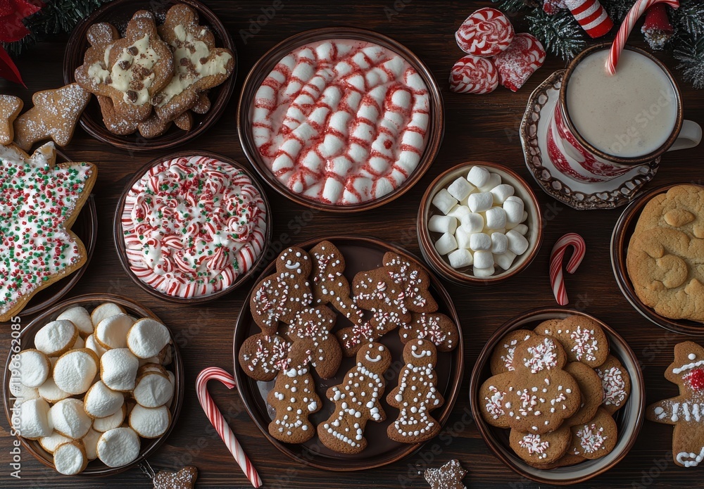 Delightful Holiday Dessert Spread Featuring Assorted Cookies, Peppermint Treats, Marshmallows, and Hot Beverage in Cozy Festive Setting Delightful Holiday Dessert Spread Featuring Assorted Cookies, Peppermint Treats, Marshmallows, and Hot Beverage in Cozy Festive Setting
