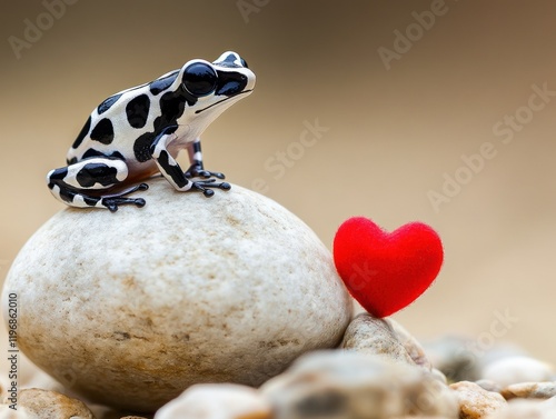 Tiny poison dart frog on white stone with red heart symbol in nature setting photo