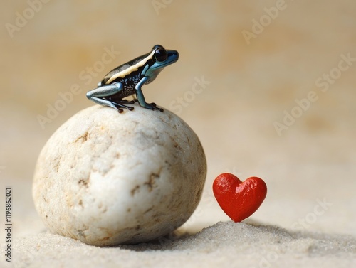 Tiny poison dart frog on smooth stone with heart shaped object in nature scene photo