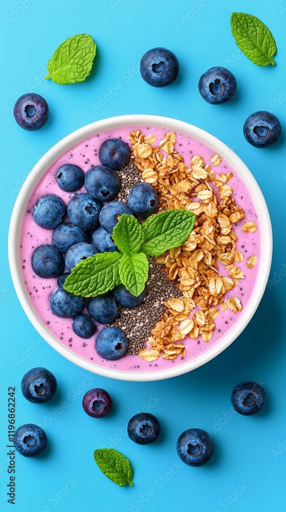 A protein packed smoothie bowl topped with Greek yogurt chia seeds blueberries and granola styled with fresh mint leaves for an elegant breakfast A protein packed smoothie bowl topped with Greek yogurt chia seeds blueberries and granola styled with fresh mint leaves for an elegant breakfast