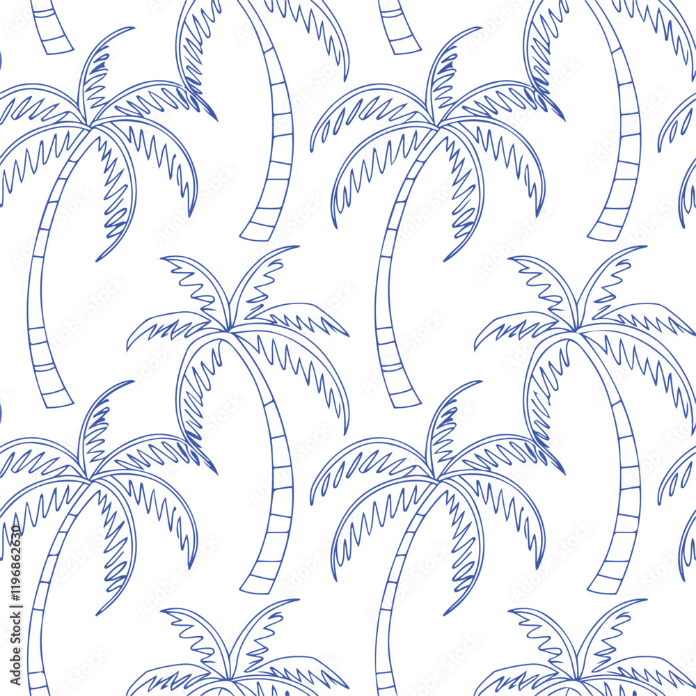 Fototapeta premium Blue tropical palm tree in arch seamless pattern.