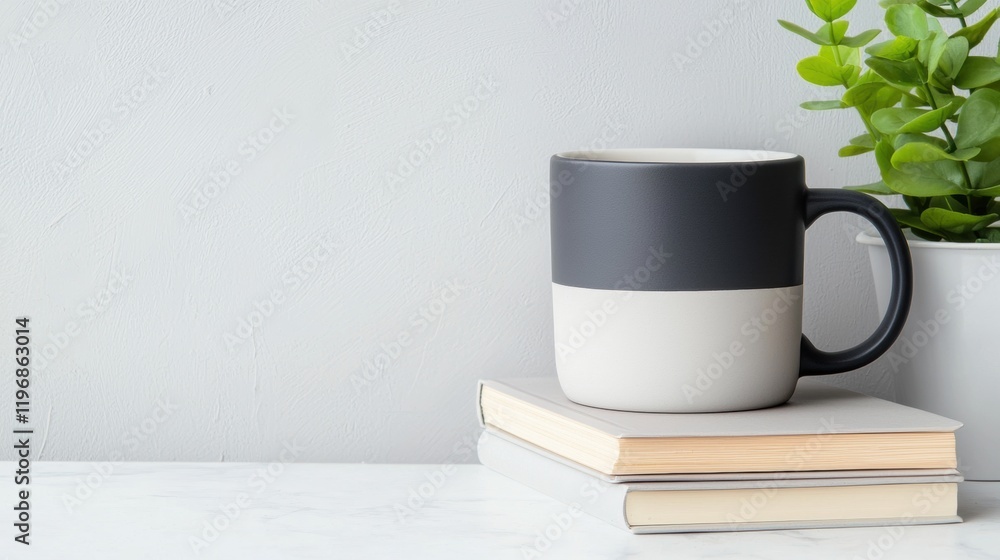 A black and white mug sits on top of a stack of books A black and white mug sits on top of a stack of books