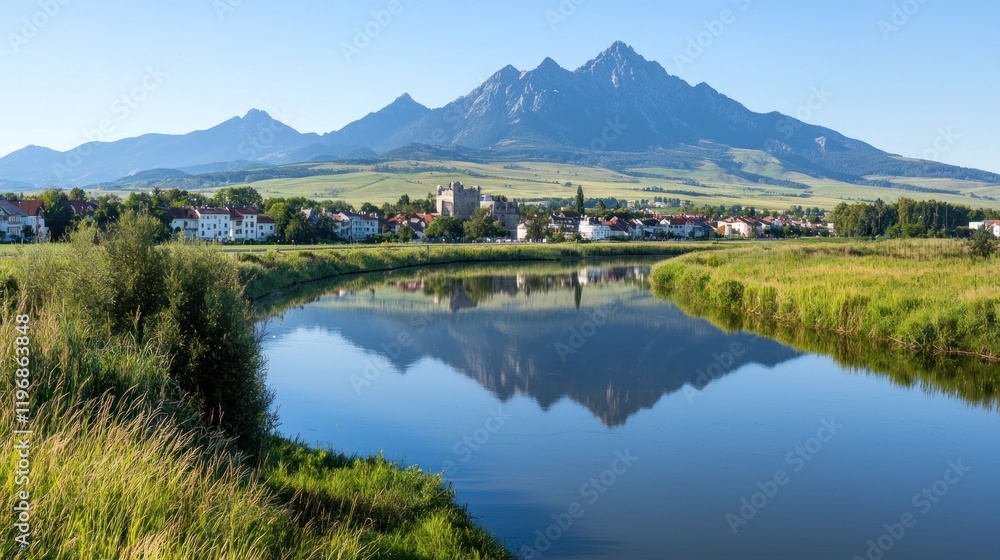 Serene mountain village reflected in river Serene mountain village reflected in river